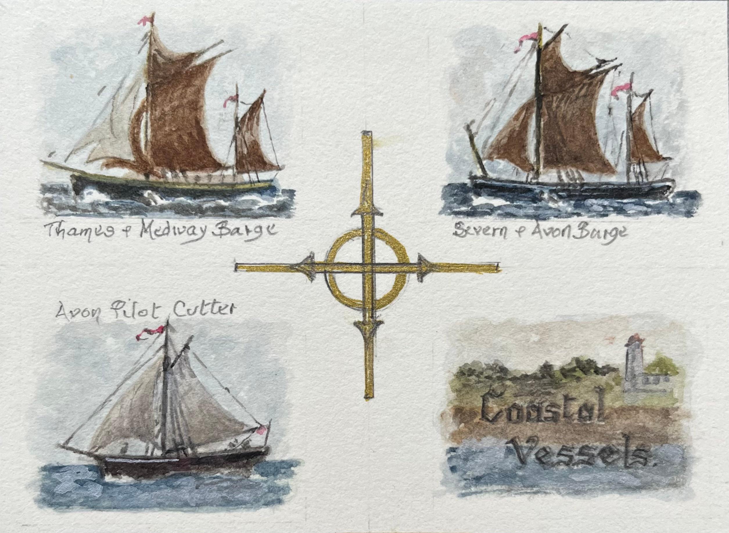 Jack Grunwell Landscape Art - Historic Miniature Watercolor Triptych of Coastal Vessels