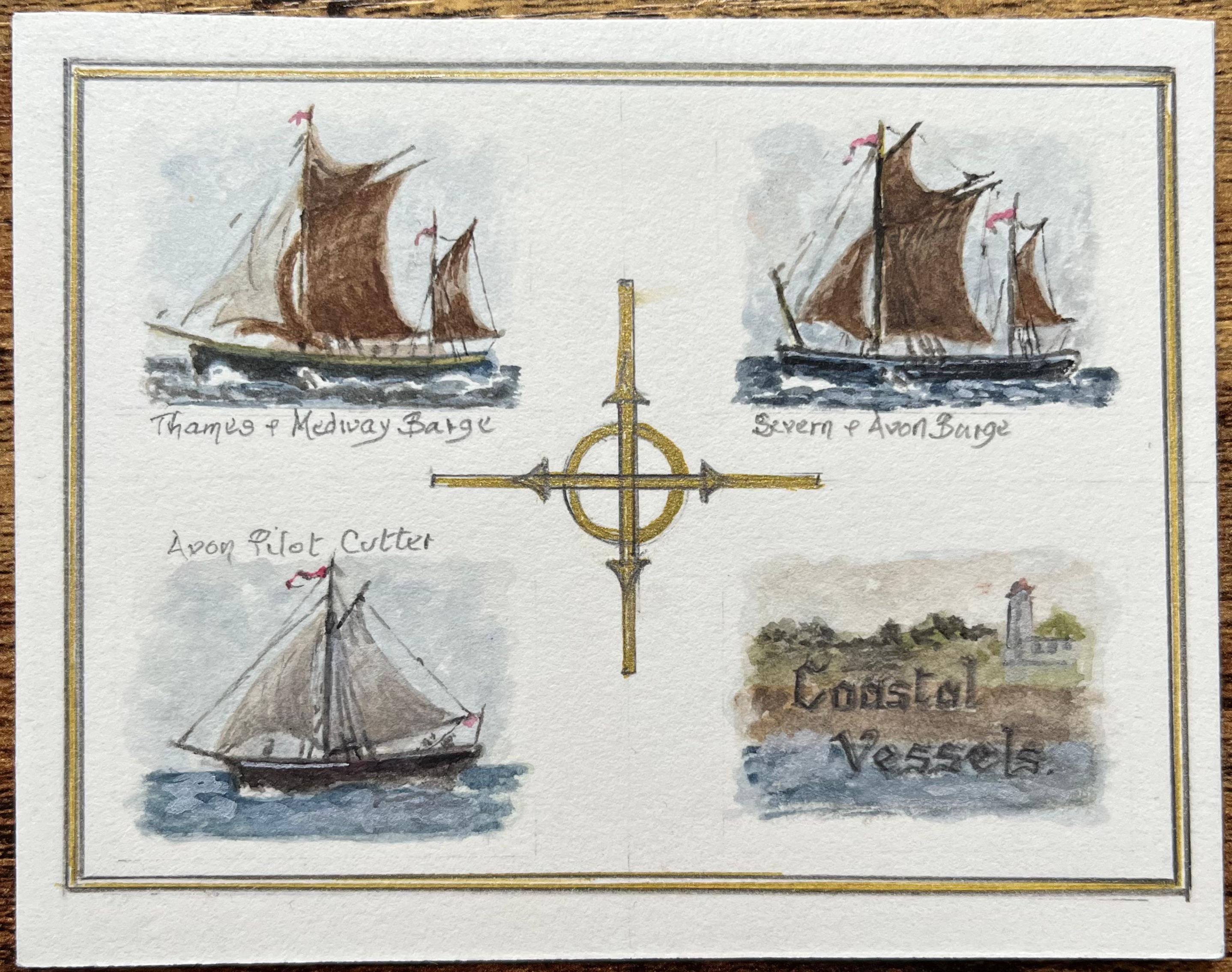 Historic Miniature Watercolor Triptych of Coastal Vessels - Art by Jack Grunwell