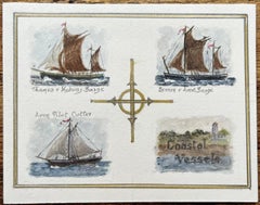 Historic Miniature Watercolor Triptych of Coastal Vessels