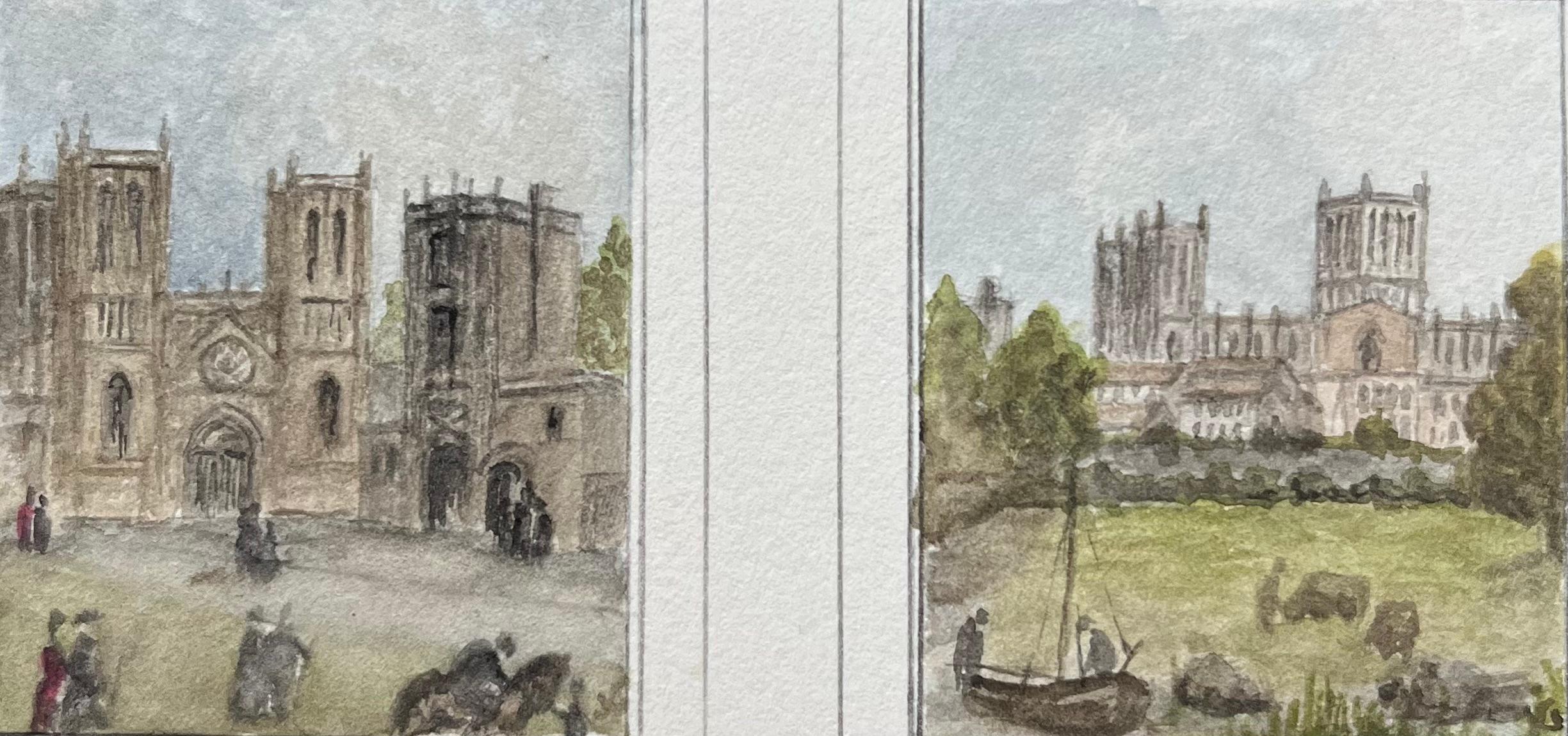 Jack Grunwell Landscape Art – Paar historischer Miniatur-Aquarelle der Kathedrale und Schule von Bristol