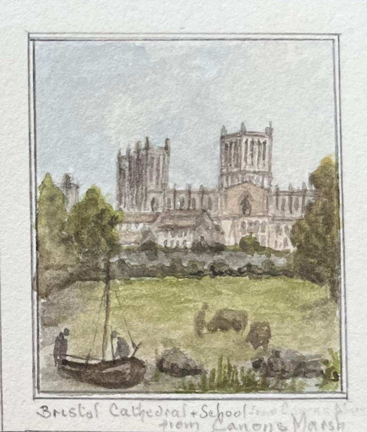 Paar historischer Miniatur-Aquarelle der Kathedrale und Schule von Bristol (Grau), Landscape Art, von Jack Grunwell