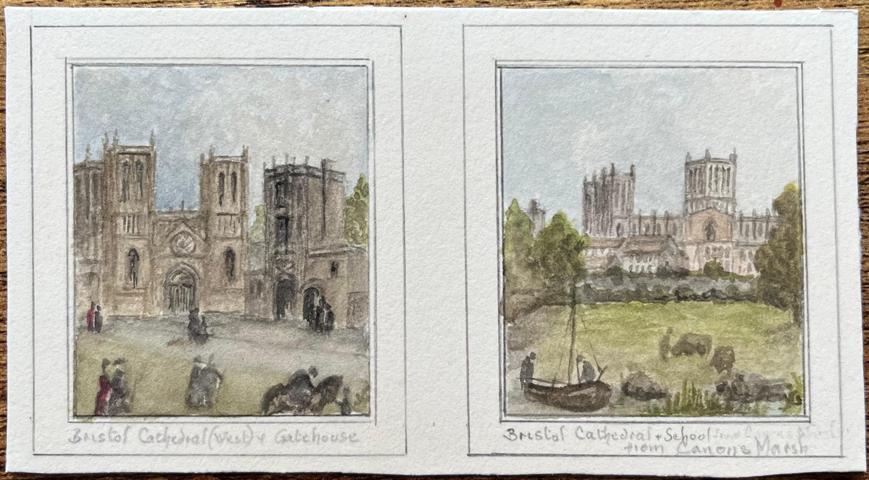 Paar historischer Miniatur-Aquarelle der Kathedrale und Schule von Bristol – Art von Jack Grunwell