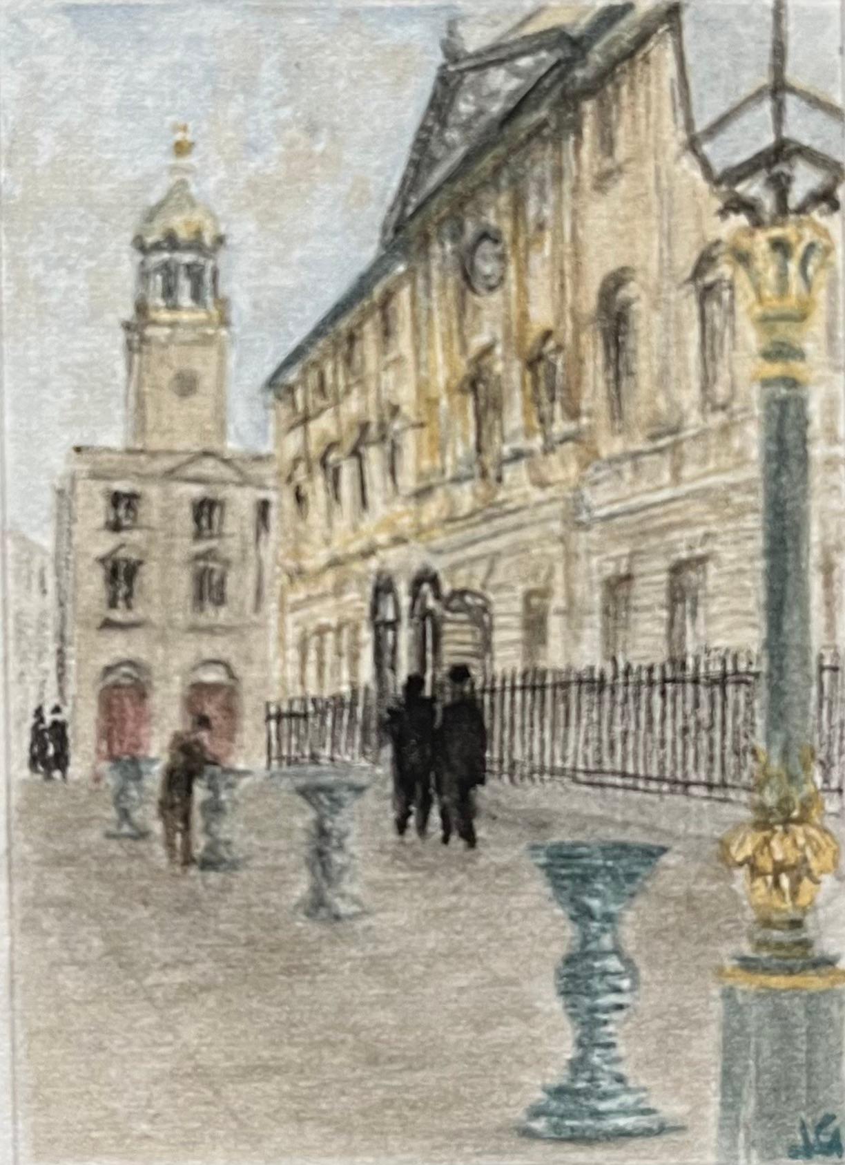 Jack Grunwell Landscape Painting – Historisches Miniatur-Aquarell der Corn Street und The Nails in Bristol