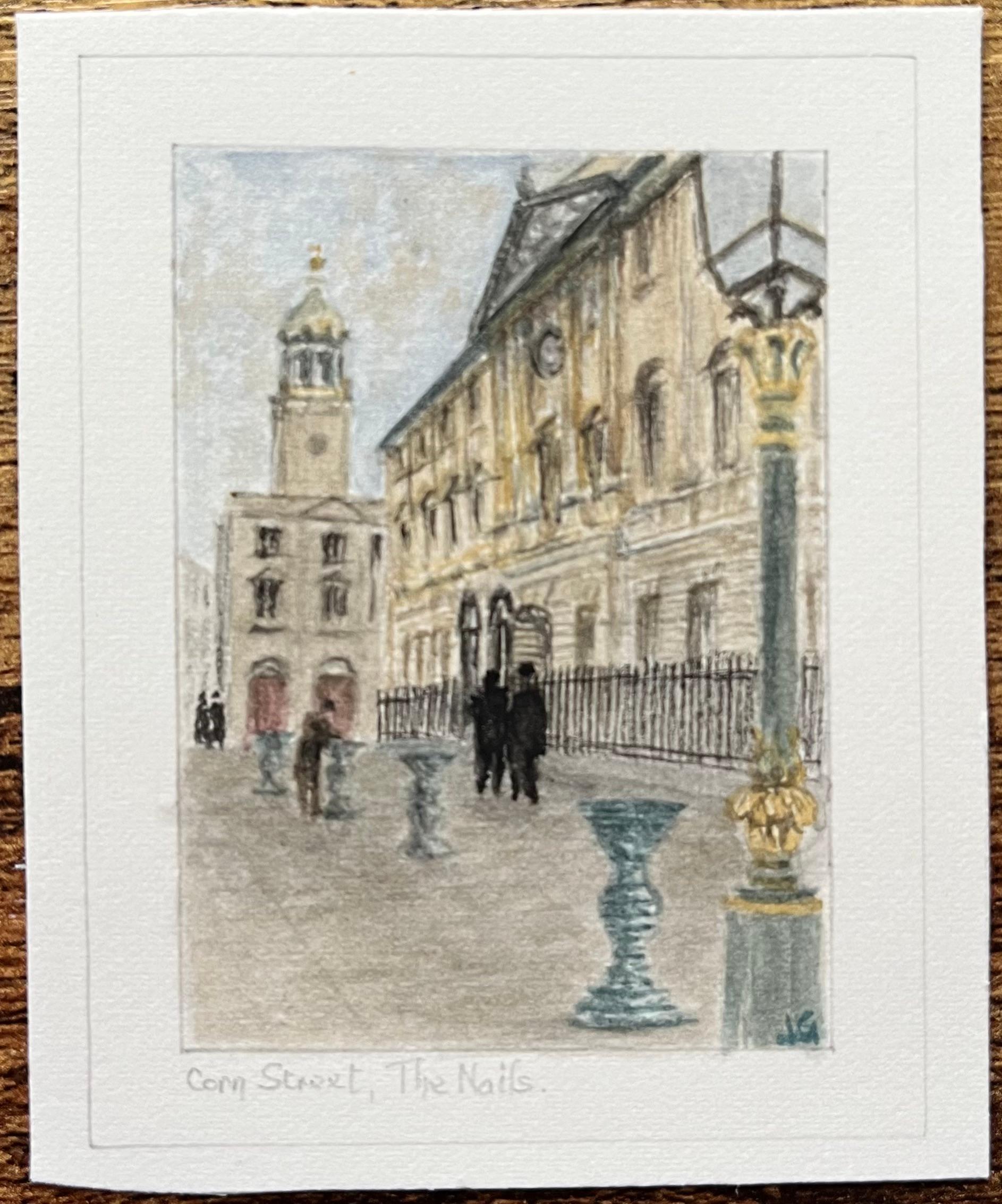 Historisches Miniatur-Aquarell der Corn Street und The Nails in Bristol – Painting von Jack Grunwell