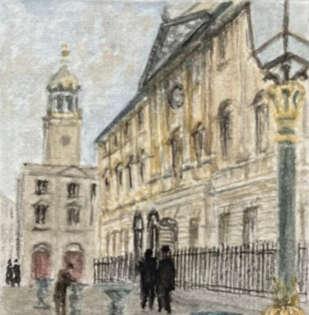 Historisches Miniatur-Aquarell der Corn Street und The Nails in Bristol (Braun), Landscape Painting, von Jack Grunwell