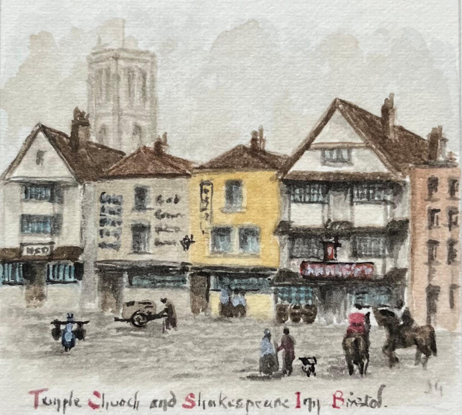 Jack Grunwell Landscape Painting - Historic Miniature Watercolor of Temple Church and Shakespeare Inn in Bristol