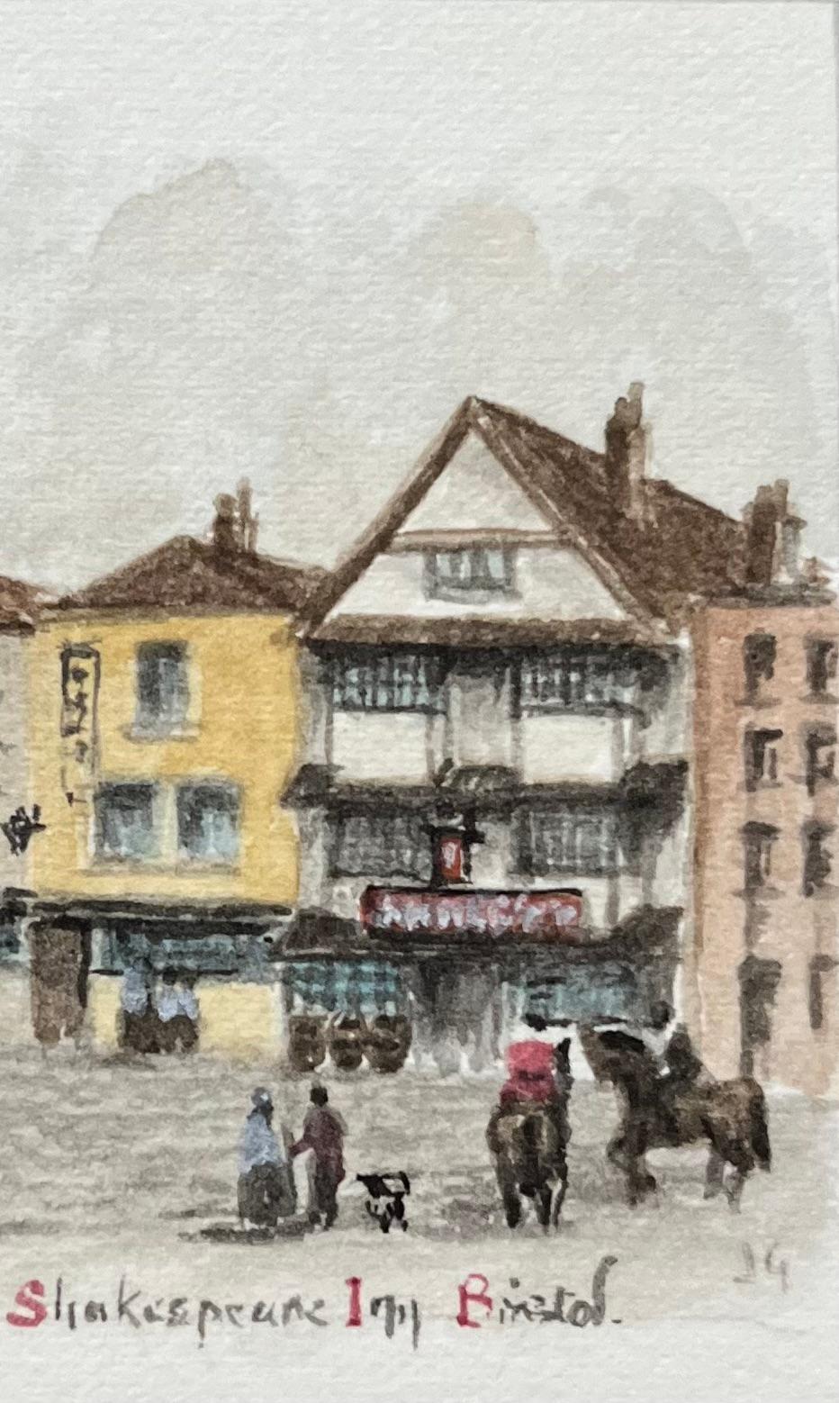 Historic Miniature Watercolor of Temple Church and Shakespeare Inn in Bristol - English School Painting by Jack Grunwell