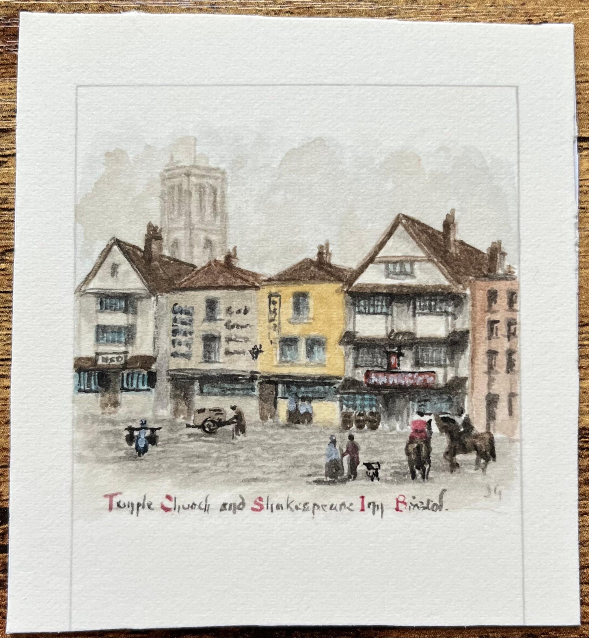 Historic Miniature Watercolor of Temple Church and Shakespeare Inn in Bristol - Painting by Jack Grunwell