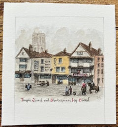 Historic Miniature Watercolor of Temple Church and Shakespeare Inn in Bristol