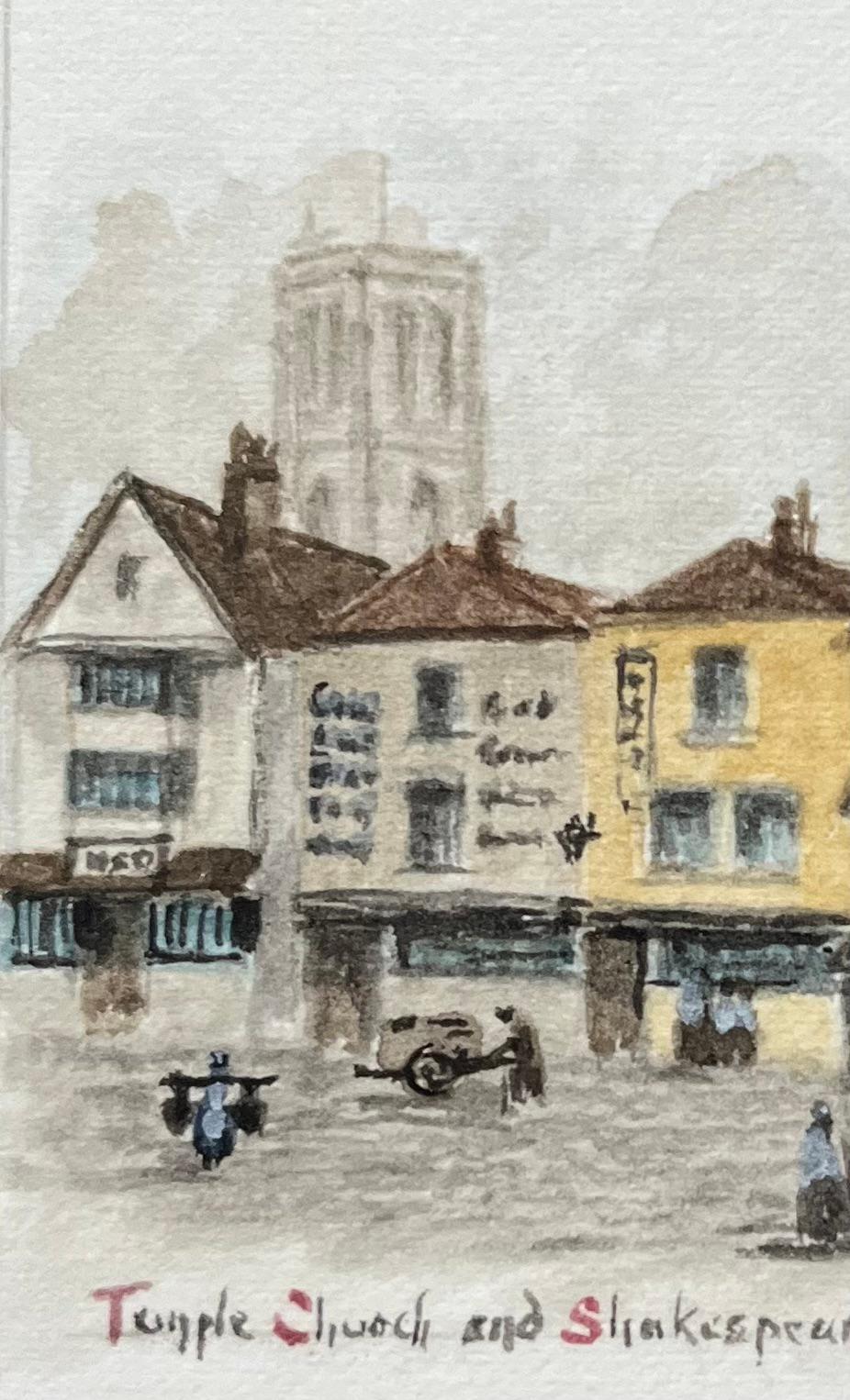 Historic Miniature Watercolor of Temple Church and Shakespeare Inn in Bristol - Gray Landscape Painting by Jack Grunwell