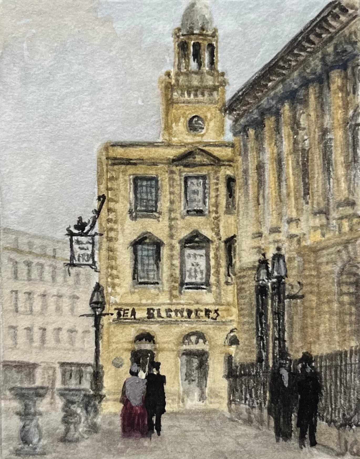 Landscape Painting di Jack Grunwell - Acquerello in miniatura di una scena in Corn Street a Bristol con i chiodi
