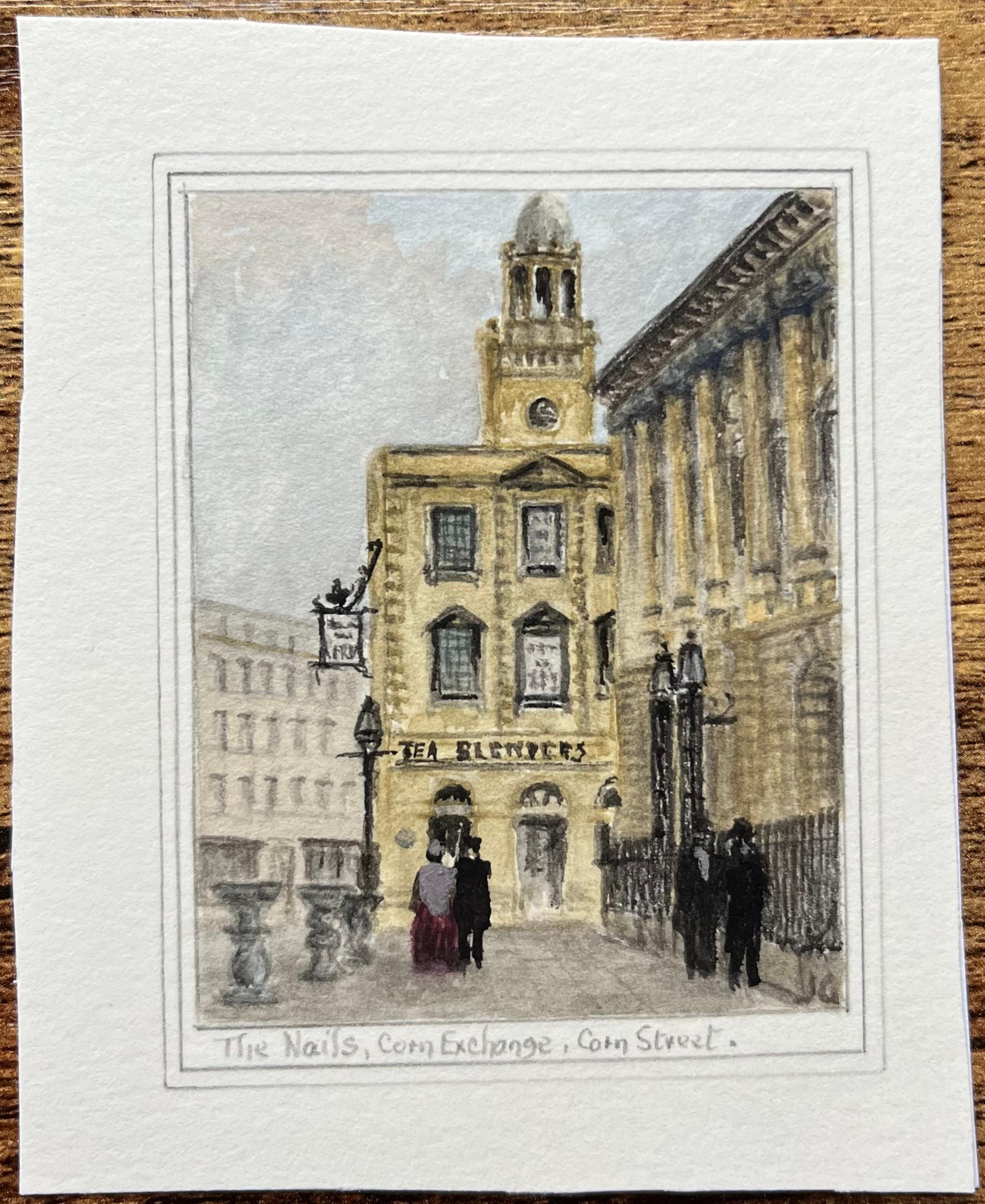 Acquerello in miniatura di una scena in Corn Street a Bristol con i chiodi - Painting di Jack Grunwell