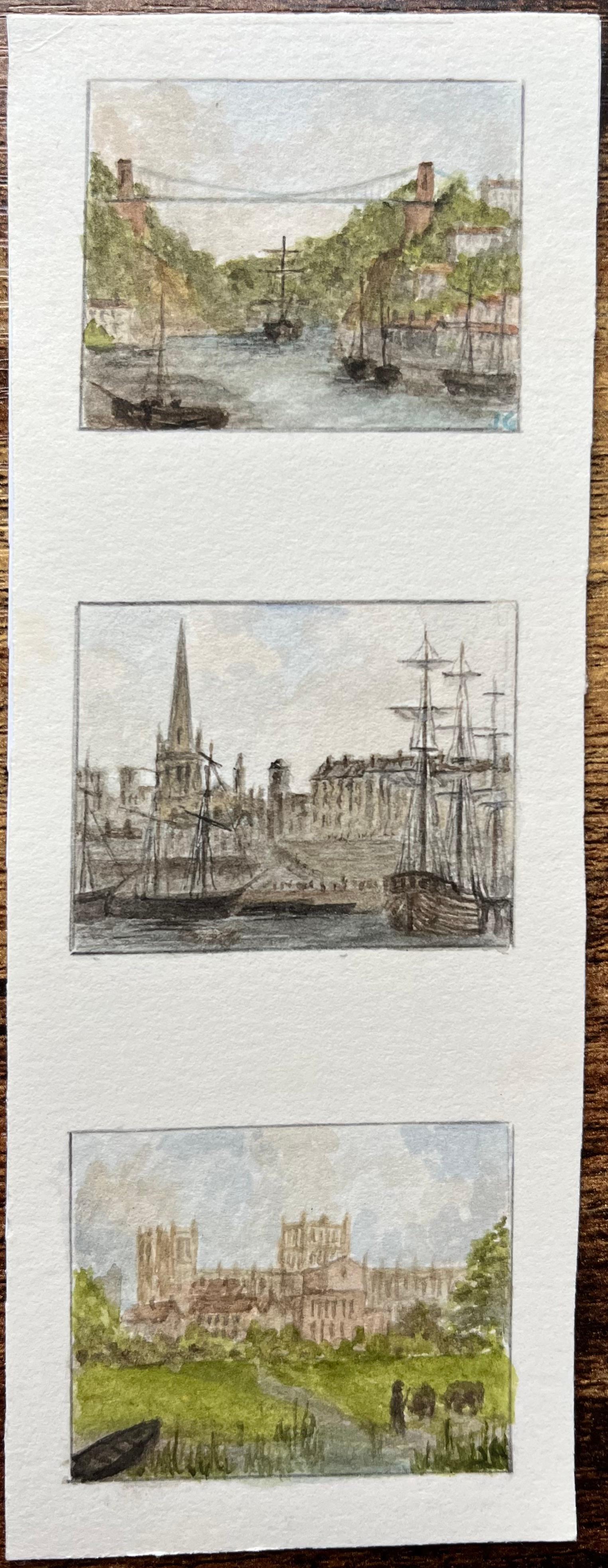 Trittico di acquerelli in miniatura con vedute storiche di Bristol - Painting di Jack Grunwell