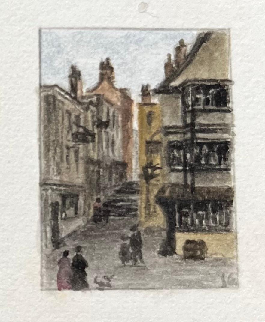 Storico trittico di acquerelli in miniatura di varie strade di Bristol - Landscape Painting Grigio di Jack Grunwell