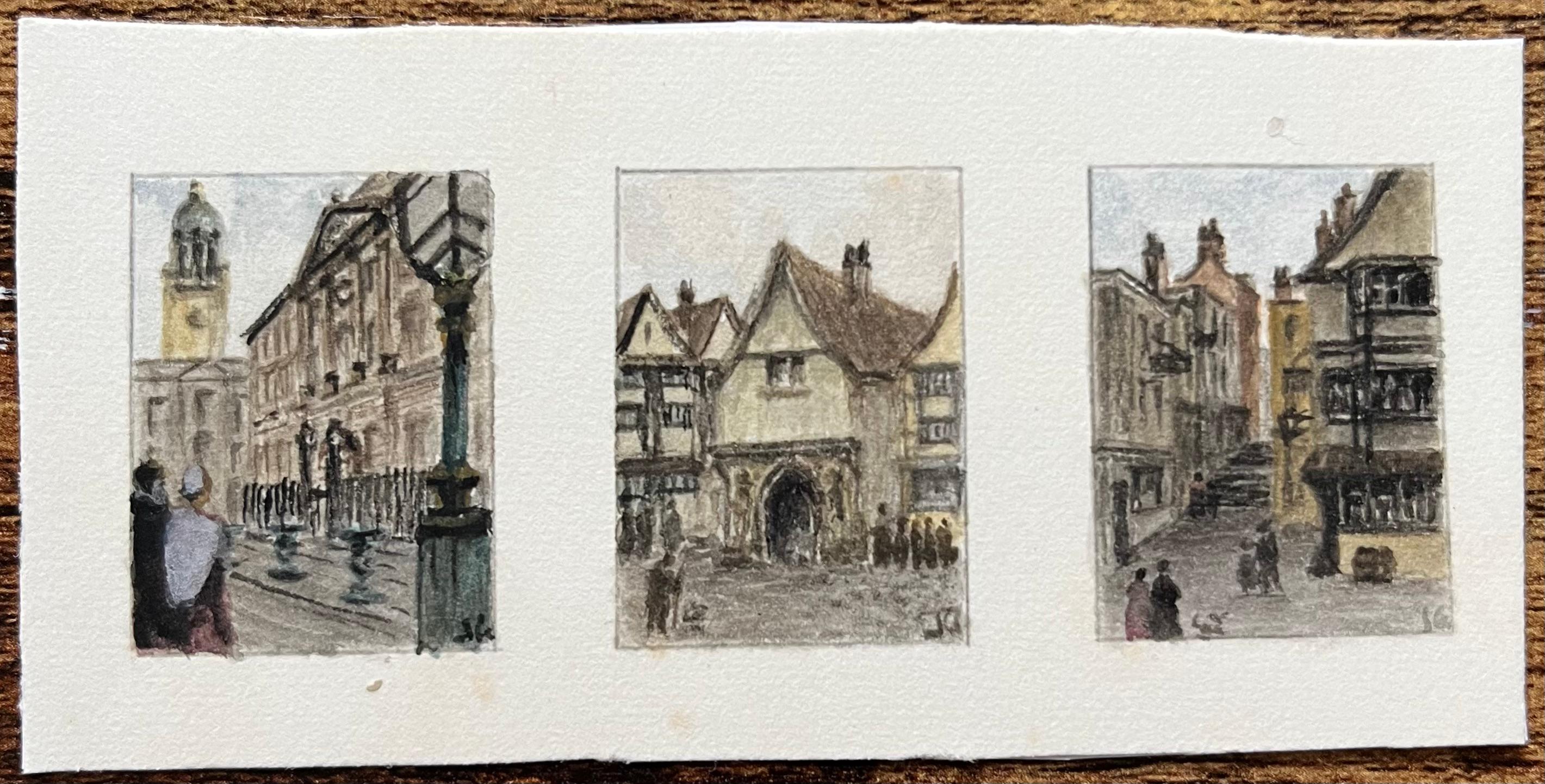 Storico trittico di acquerelli in miniatura di varie strade di Bristol - Painting di Jack Grunwell