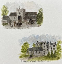 Pareja de acuarelas en miniatura de la granja Court y la capilla de San Jorge Henham Court