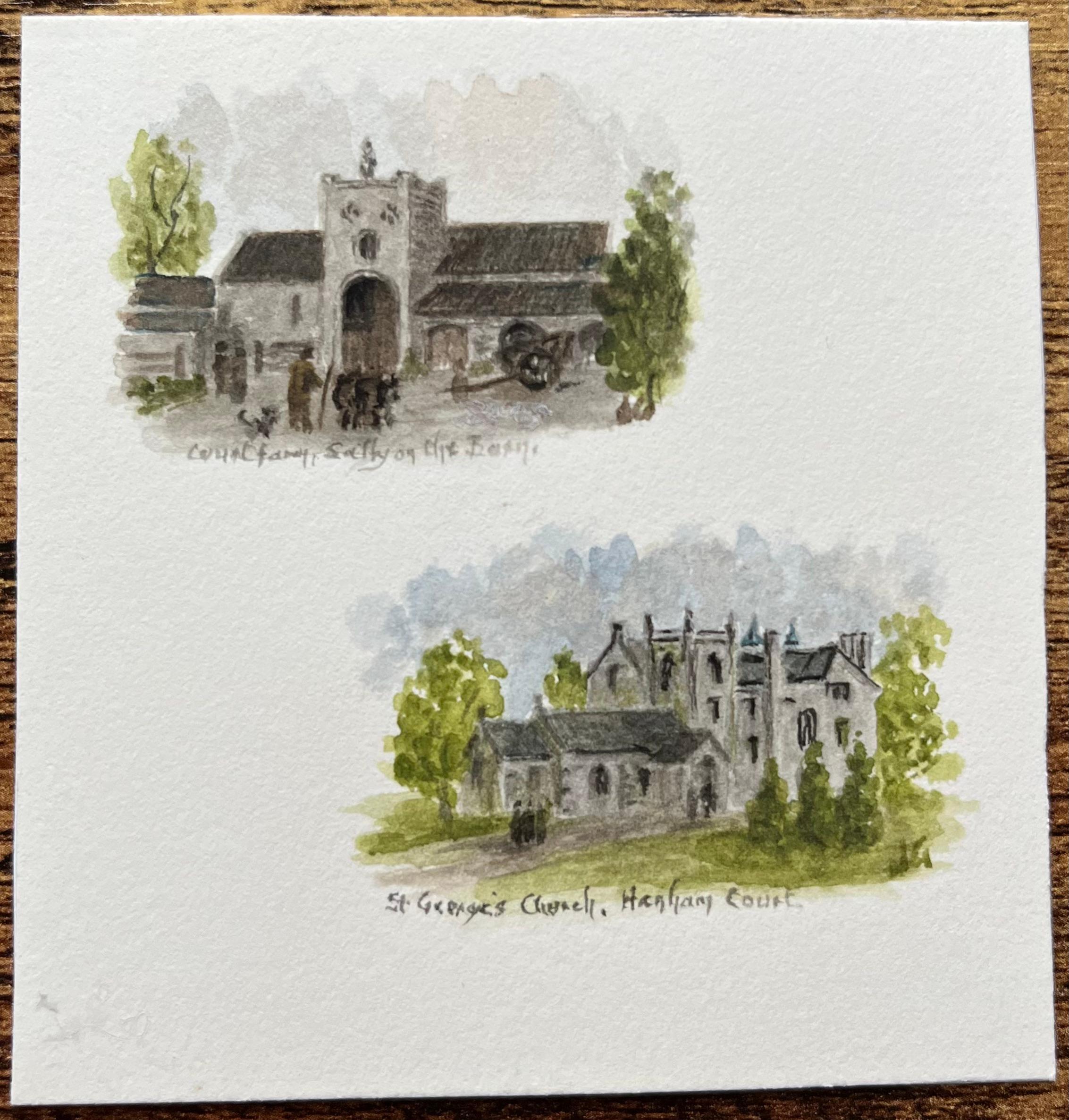 Pair of Miniature Watercolors of Court Farm and St. George’s Chapel Henham Court - Painting by Jack Grunwell