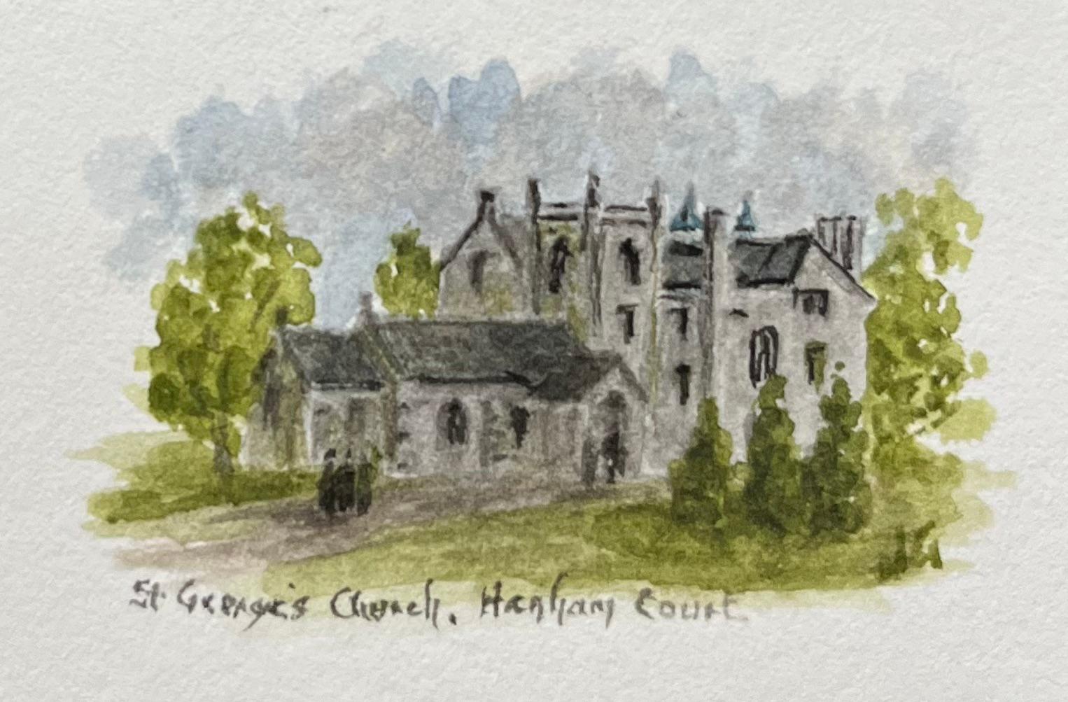 Pair of Miniature Watercolors of Court Farm and St. George’s Chapel Henham Court - Gray Landscape Painting by Jack Grunwell