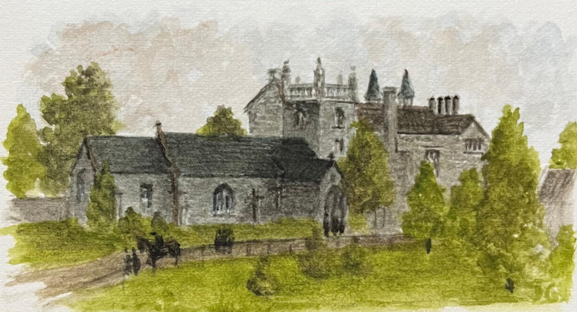 Landscape Art Jack Grunwell - Aquarelle miniature historique de Hanham Court et de l'église St. George's