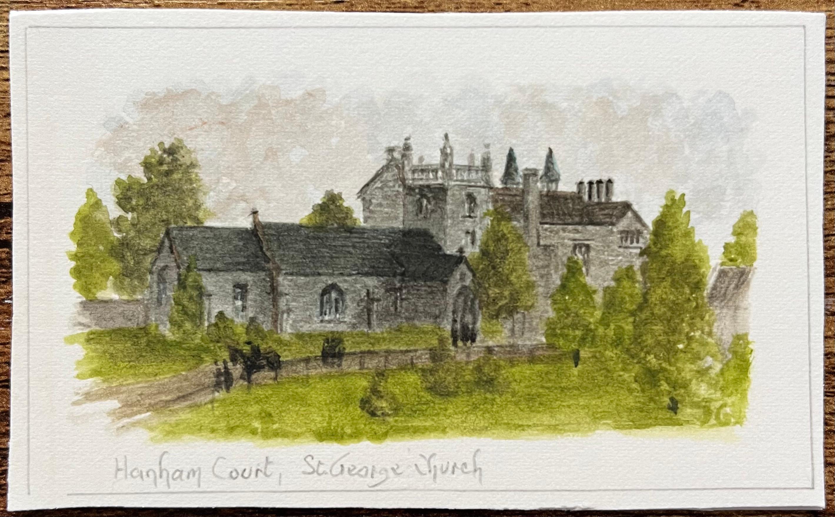 Aquarelle miniature historique de Hanham Court et de l'église St. George's - Art de Jack Grunwell