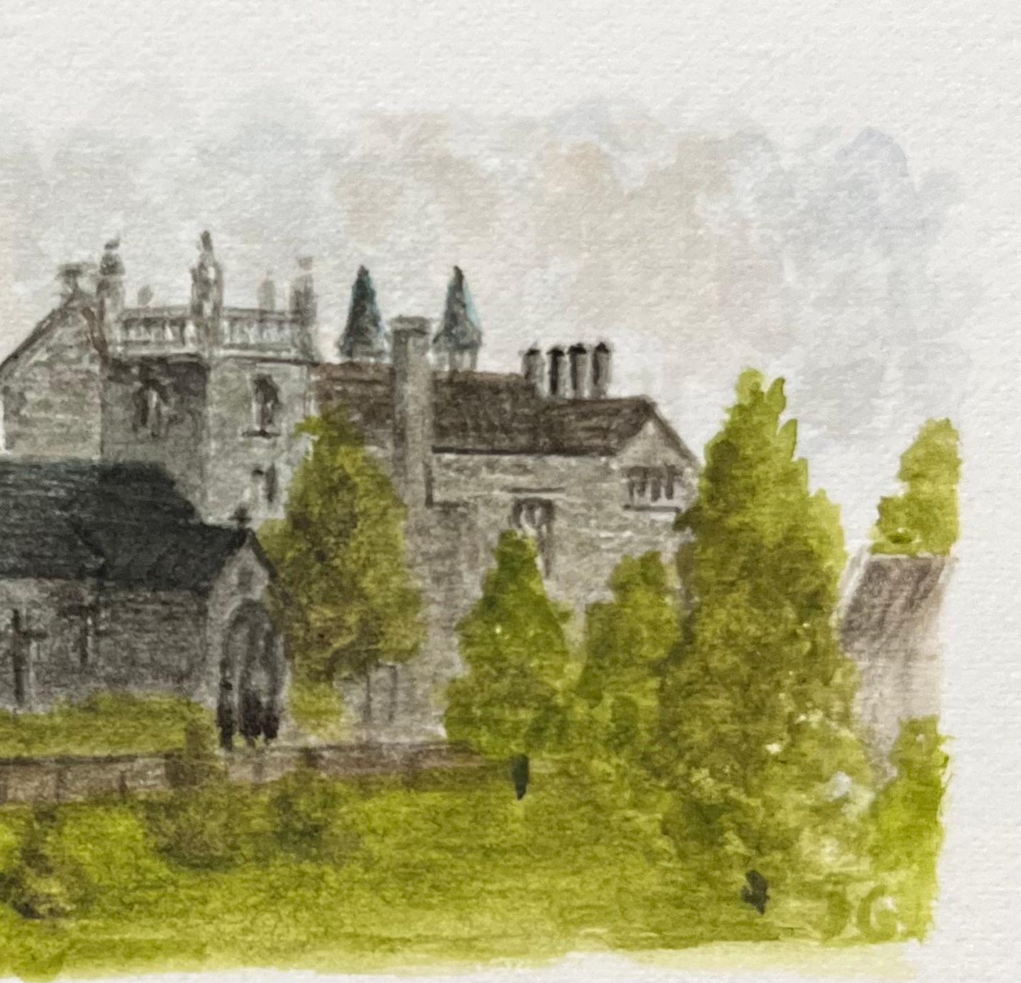 Aquarelle miniature historique de Hanham Court et de l'église St. George's - Marron Landscape Art par Jack Grunwell