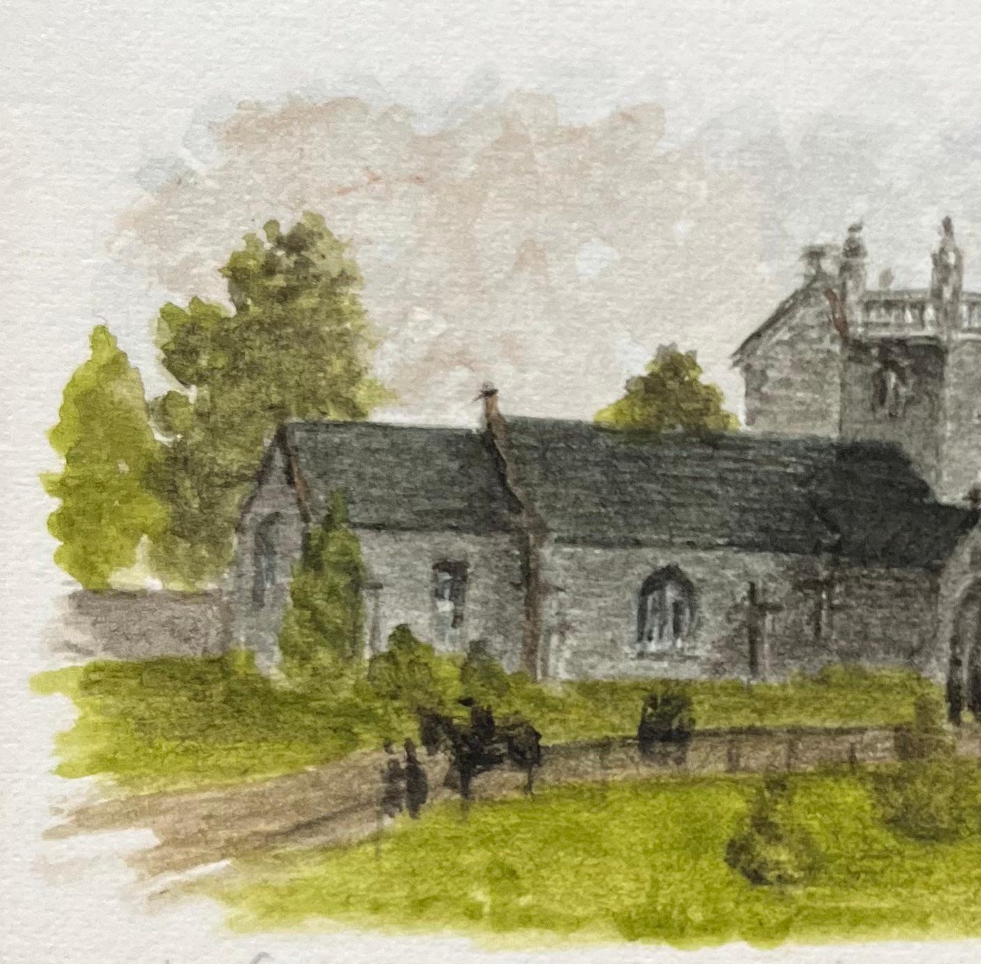 Aquarelle miniature historique de Hanham Court et de l'église St. George's - École anglaise Art par Jack Grunwell