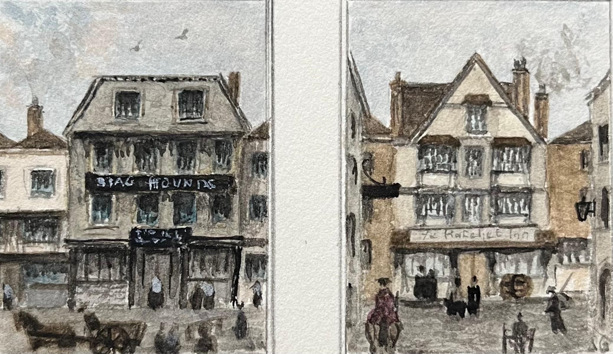 Coppia di acquerelli storici in miniatura di due locande storiche di Bristol