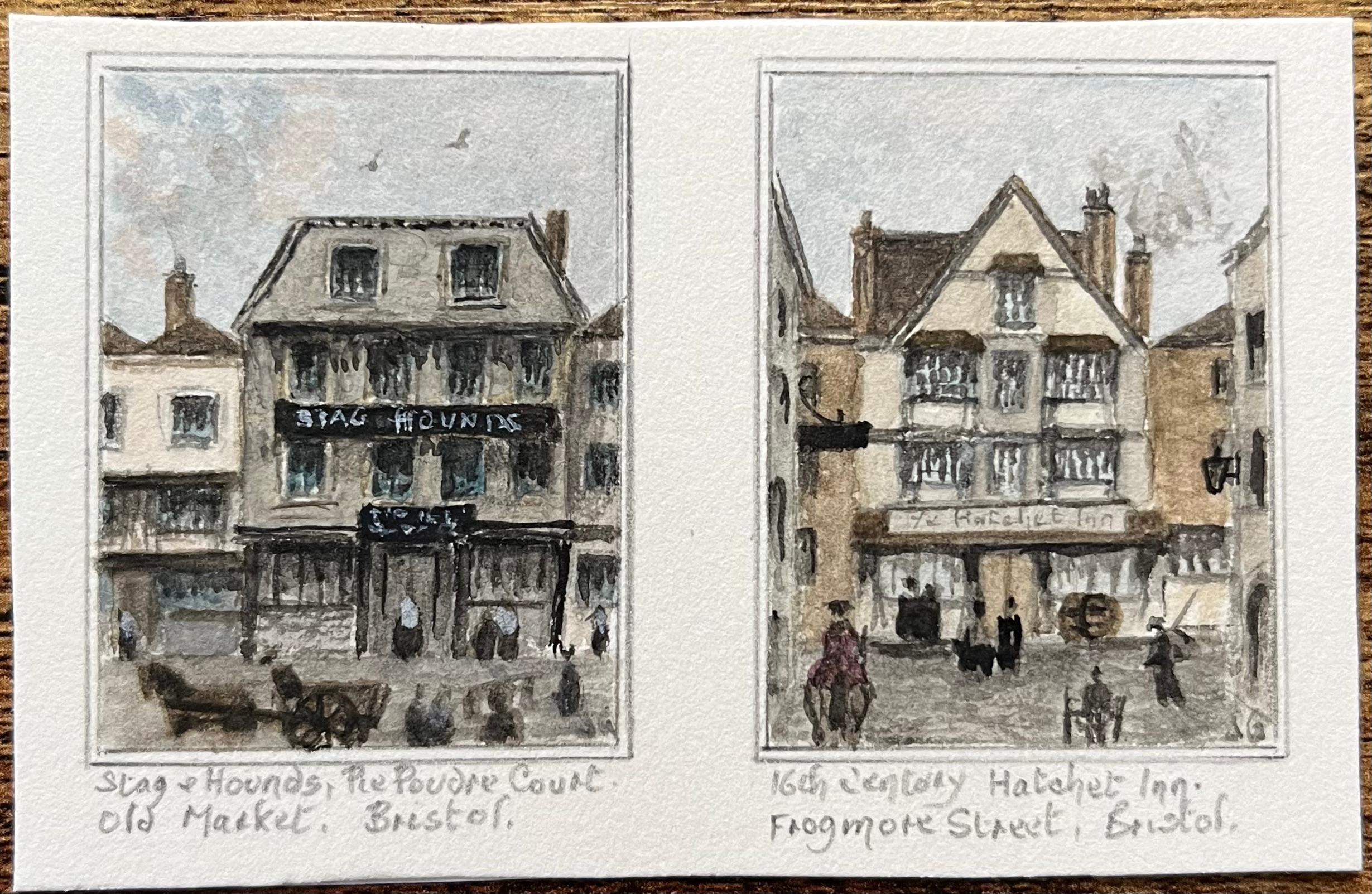 Coppia di acquerelli storici in miniatura di due locande storiche di Bristol - Painting di Jack Grunwell