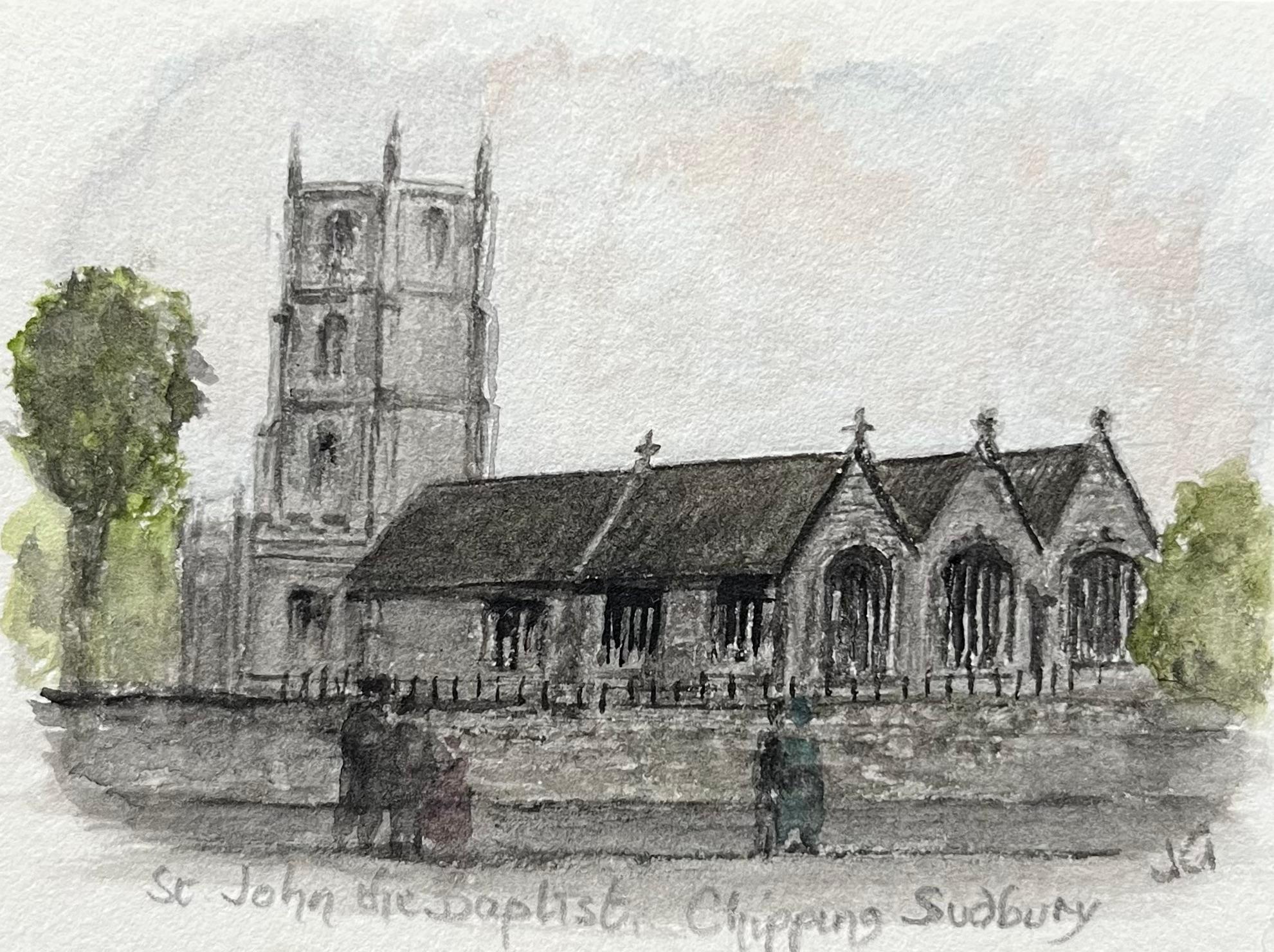 Jack Grunwell Landscape Painting - Historic Miniature Watercolor of St John the Baptist Church Chipping Sodbury