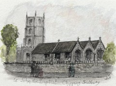 Acuarela histórica en miniatura de la iglesia de St. John the Baptist de Chipping Sodbury