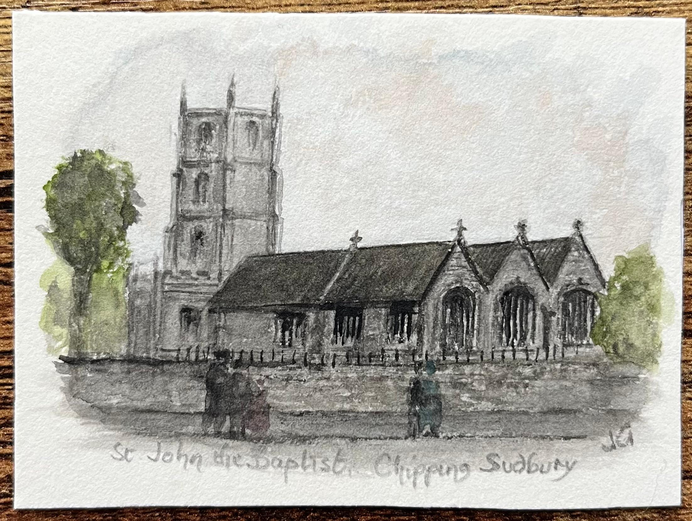 Historic Miniature Watercolor of St John the Baptist Church Chipping Sodbury - Painting by Jack Grunwell