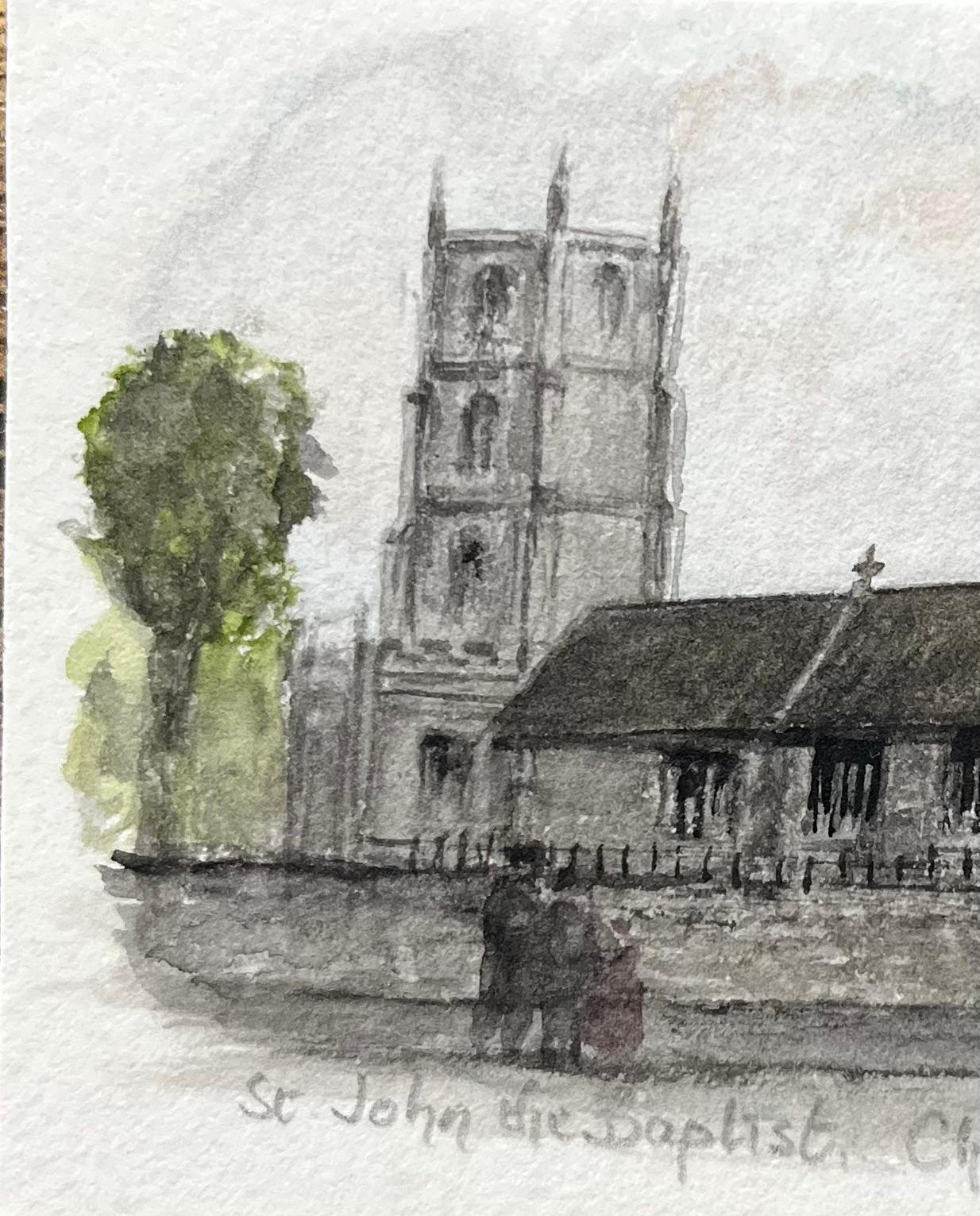 Historic Miniature Watercolor of St John the Baptist Church Chipping Sodbury - English School Painting by Jack Grunwell