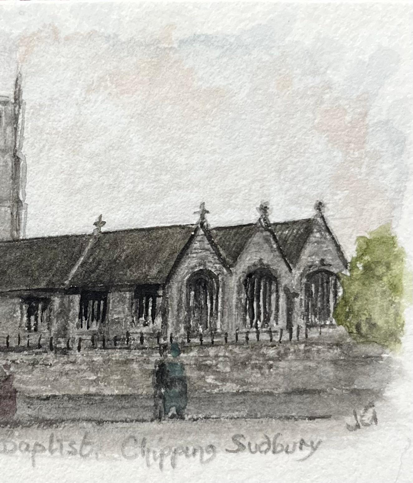 Historic Miniature Watercolor of St John the Baptist Church Chipping Sodbury - Gray Landscape Painting by Jack Grunwell