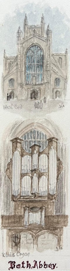 Acuarelas históricas en miniatura de la fachada oeste de la abadía de Bath y el órgano de Klais