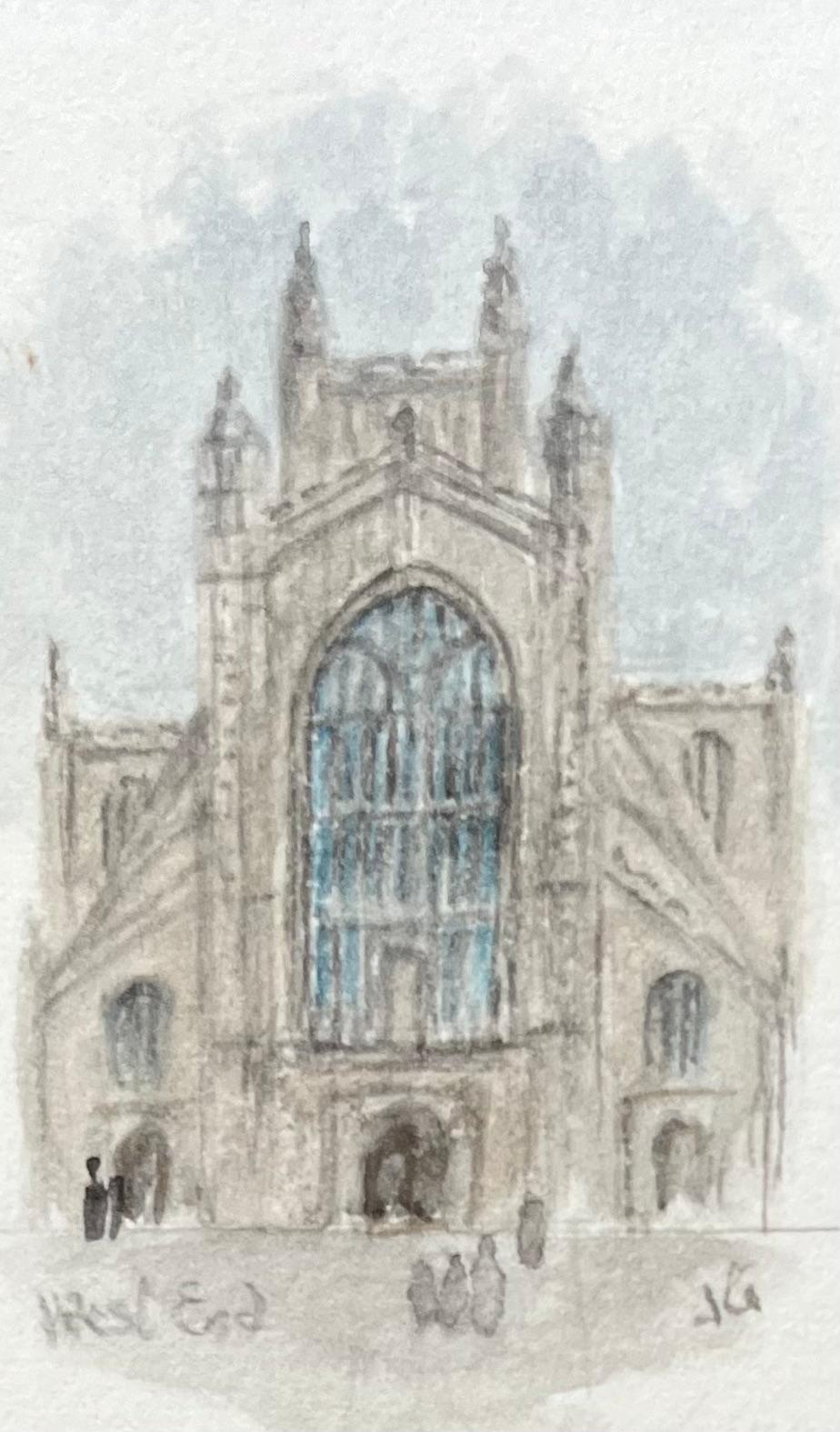 Acquerelli storici in miniatura della facciata ovest dell'abbazia di Bath e dell'organo Klais - Art Scuola inglese di Jack Grunwell