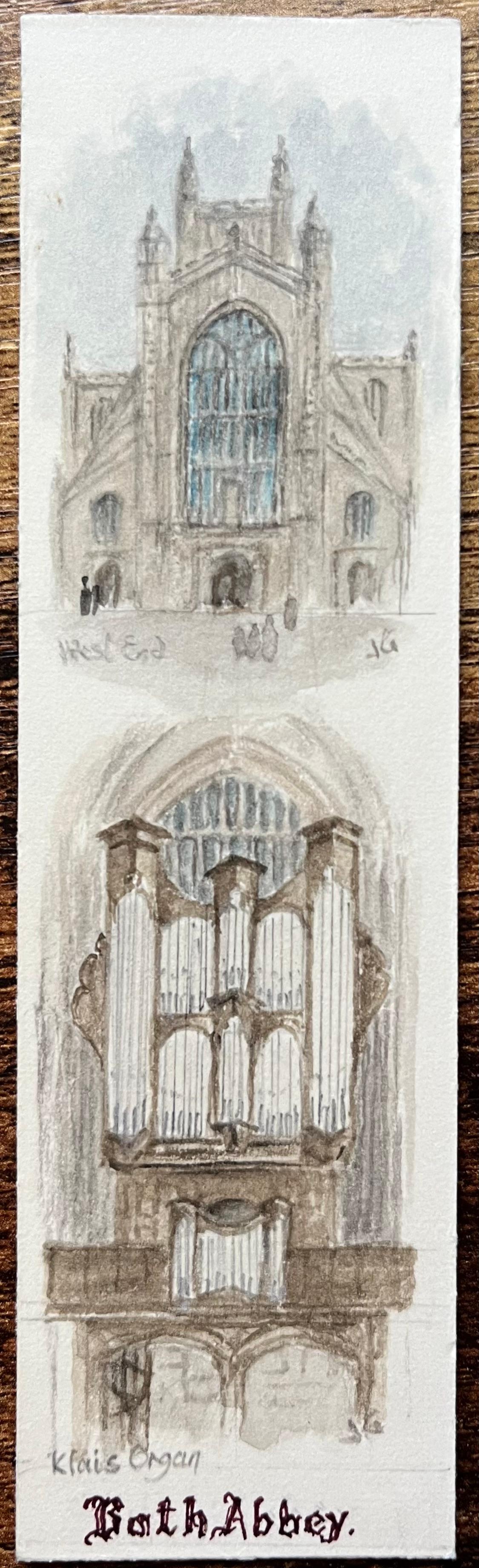 Acquerelli storici in miniatura della facciata ovest dell'abbazia di Bath e dell'organo Klais - Art di Jack Grunwell
