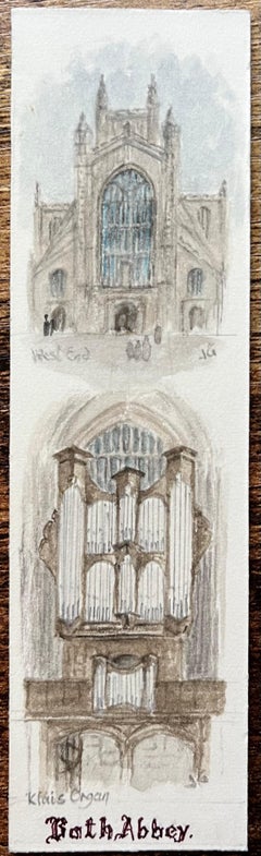 Acquerelli storici in miniatura della facciata ovest dell'abbazia di Bath e dell'organo Klais