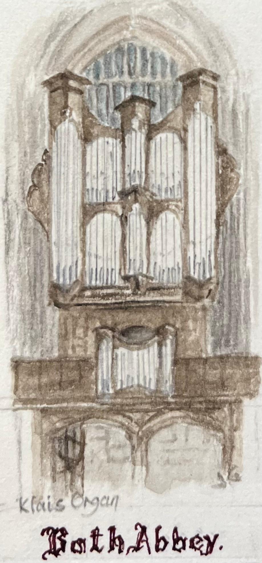 Acquerelli storici in miniatura della facciata ovest dell'abbazia di Bath e dell'organo Klais - Landscape Art Nero di Jack Grunwell
