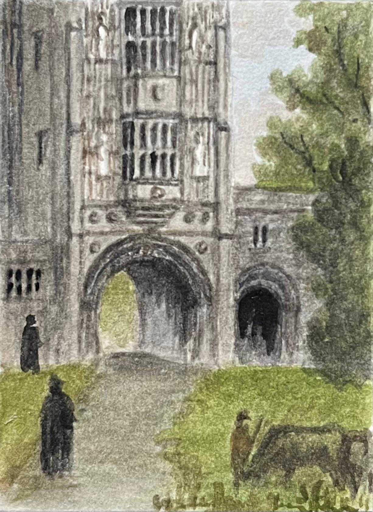Jack Grunwell Landscape Painting – Historische Miniatur-Aquarelle des Abbey Gate der Kathedrale von Bristol