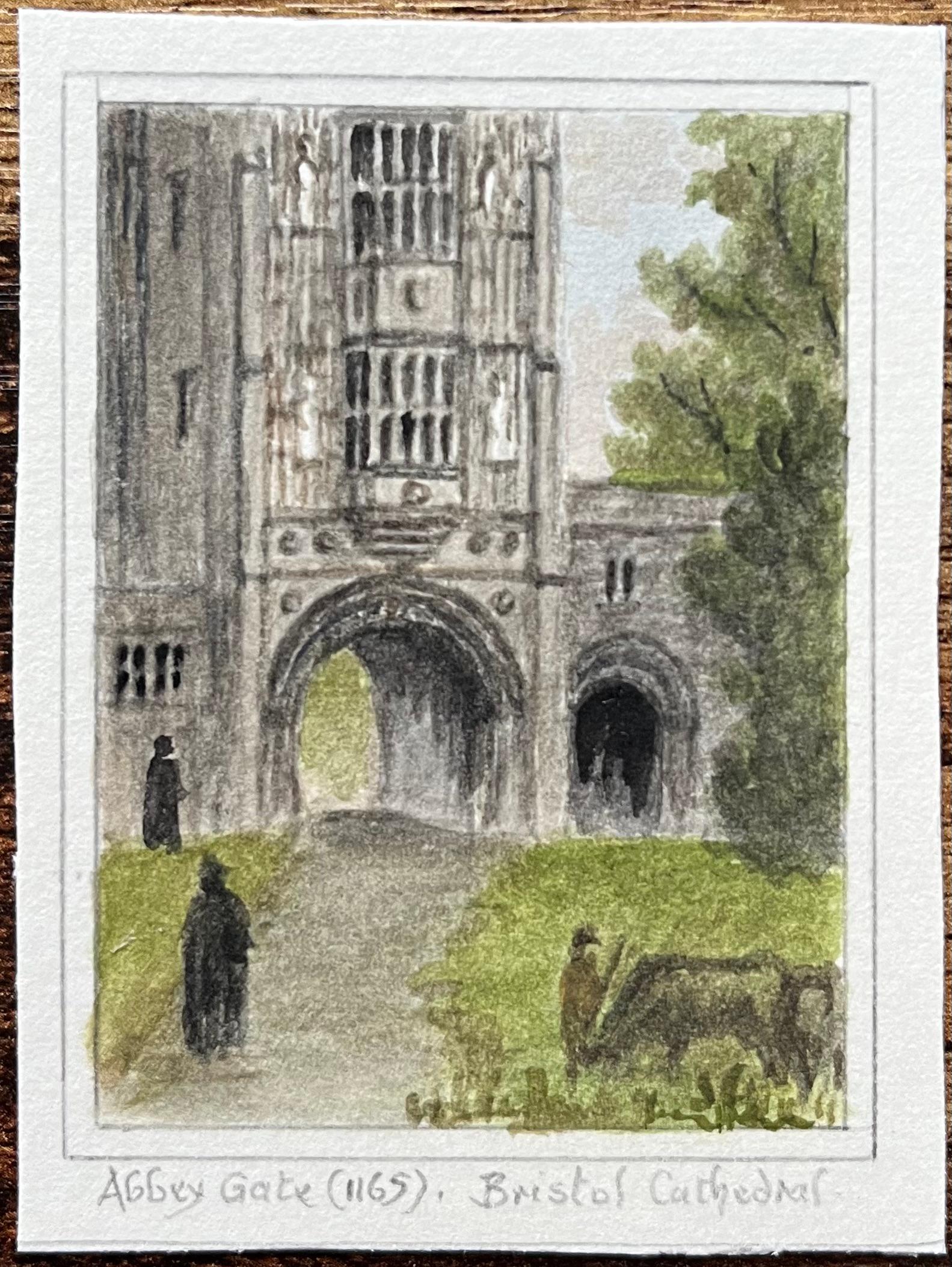 Historische Miniatur-Aquarelle des Abbey Gate der Kathedrale von Bristol – Painting von Jack Grunwell