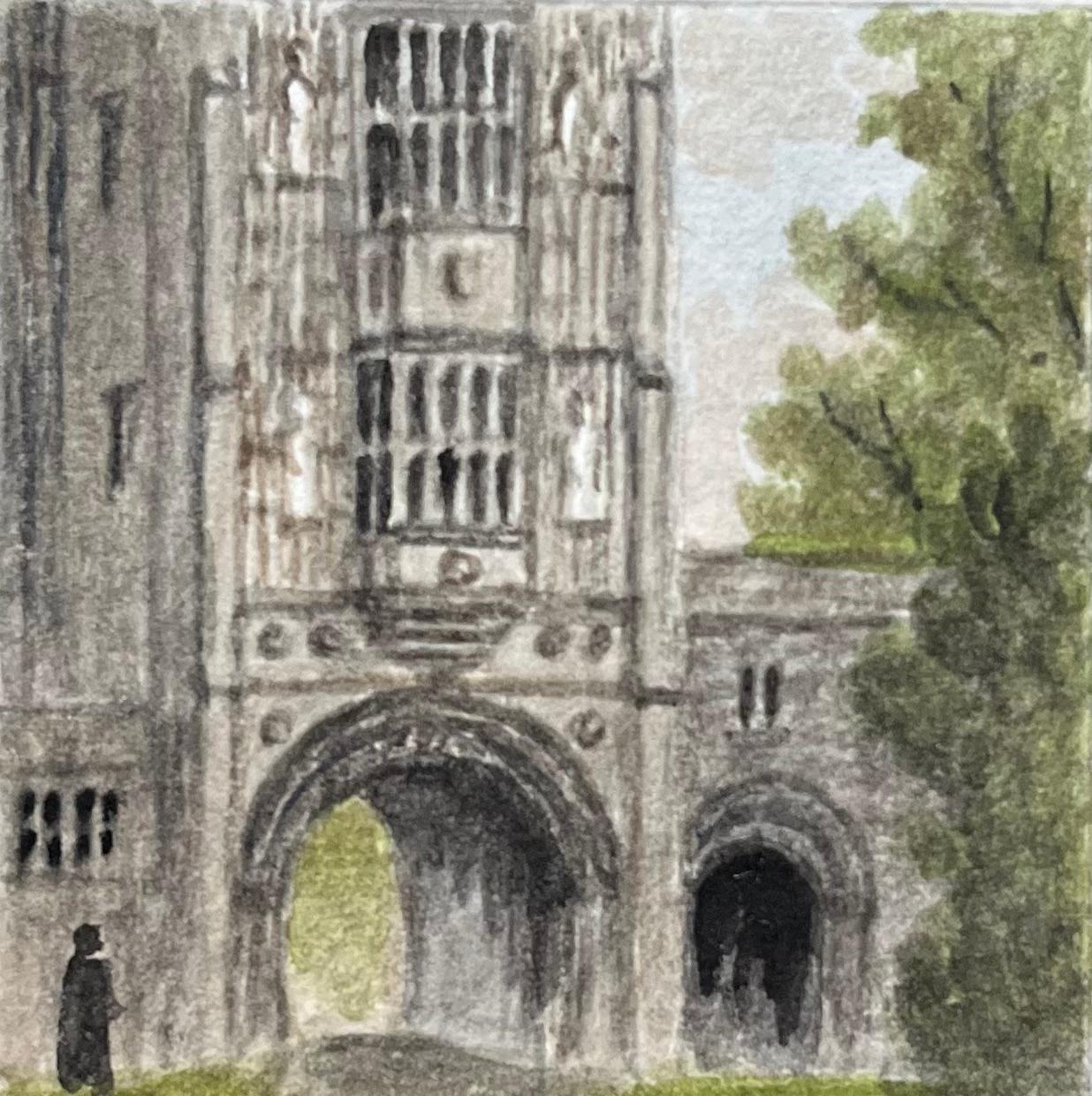 Historische Miniatur-Aquarelle des Abbey Gate der Kathedrale von Bristol (Grau), Landscape Painting, von Jack Grunwell