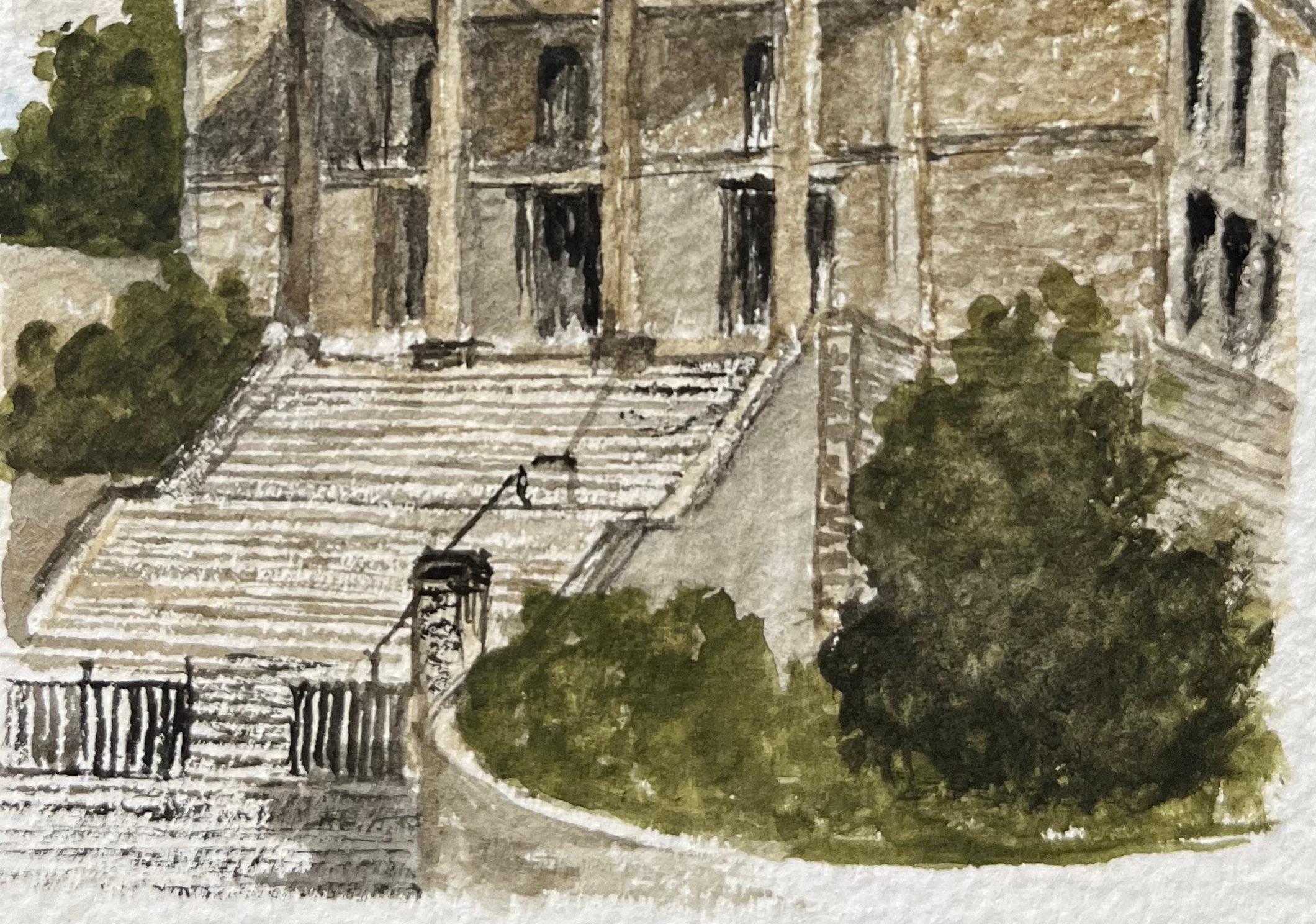 Historisches Miniatur-Aquarell der St. George's Church in Bristol (Grau), Landscape Art, von Jack Grunwell