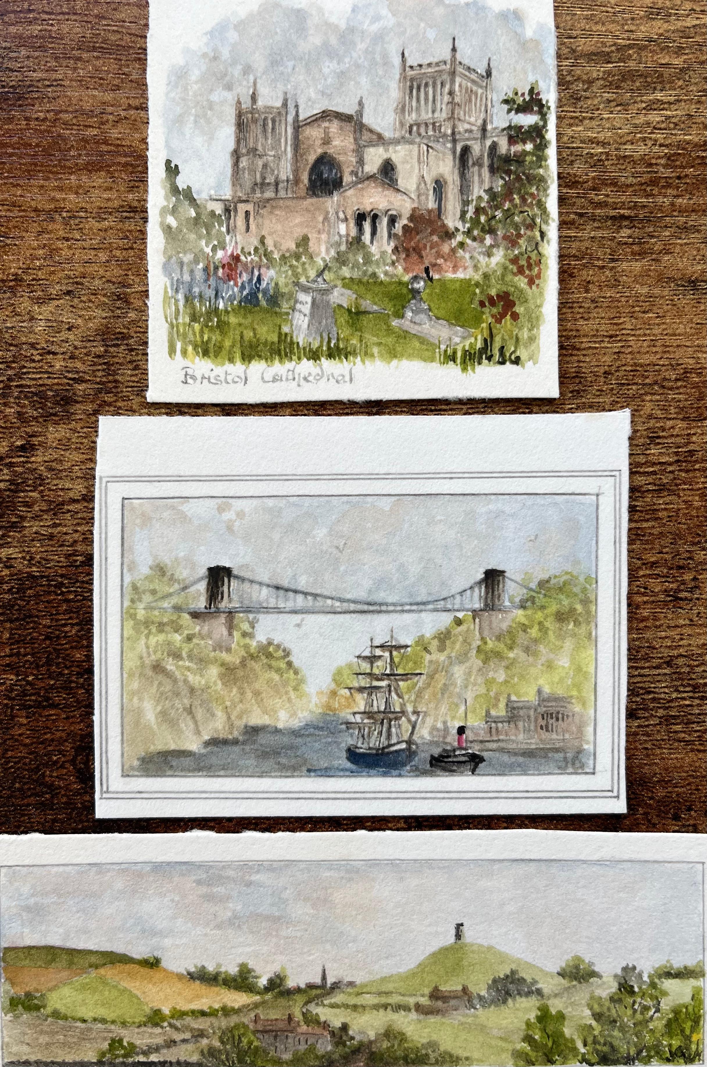 Jack Grunwell Landscape Painting - Bristol Cathedral Clifton Suspension Bridge and Glastonbury Tor Watercolors