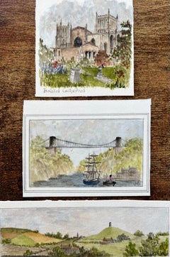 Bristol Cathedral Clifton Hängebrücke und Glastonbury Tor-Aquarelle der Kathedrale von Bristol