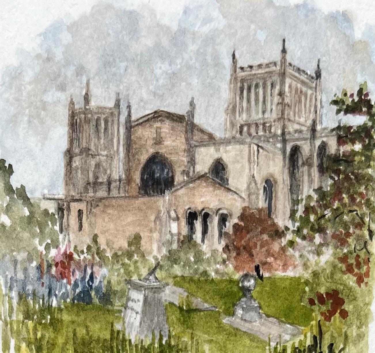 Bristol Cathedral Clifton Suspension Bridge and Glastonbury Tor Watercolors - English School Painting by Jack Grunwell