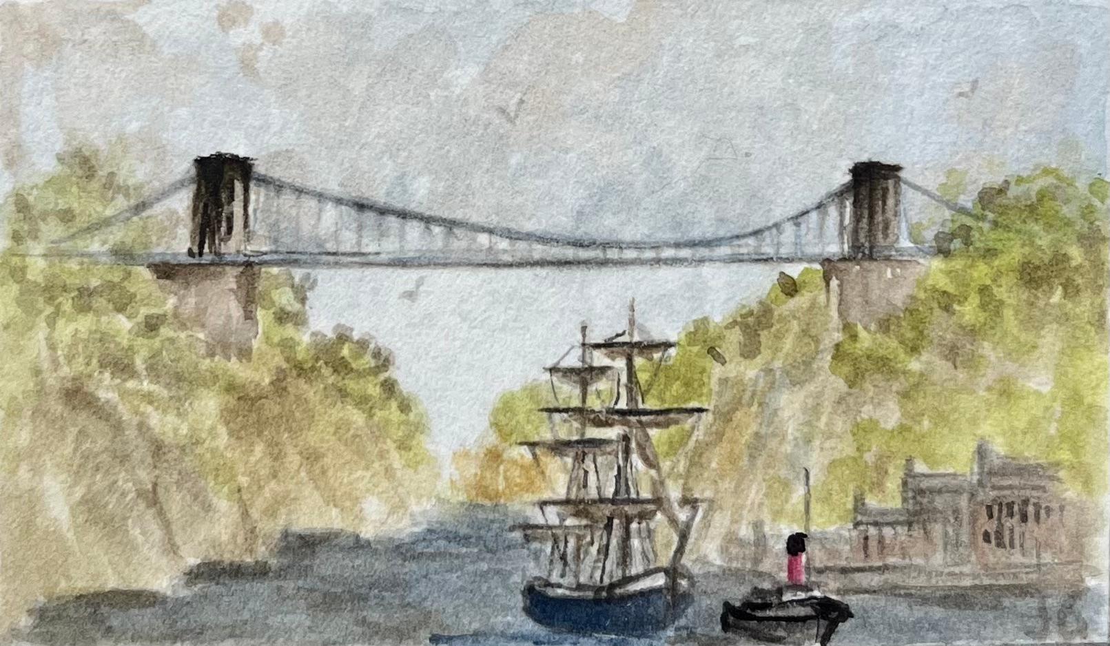 Bristol Cathedral Clifton Suspension Bridge and Glastonbury Tor Watercolors - Beige Landscape Painting by Jack Grunwell