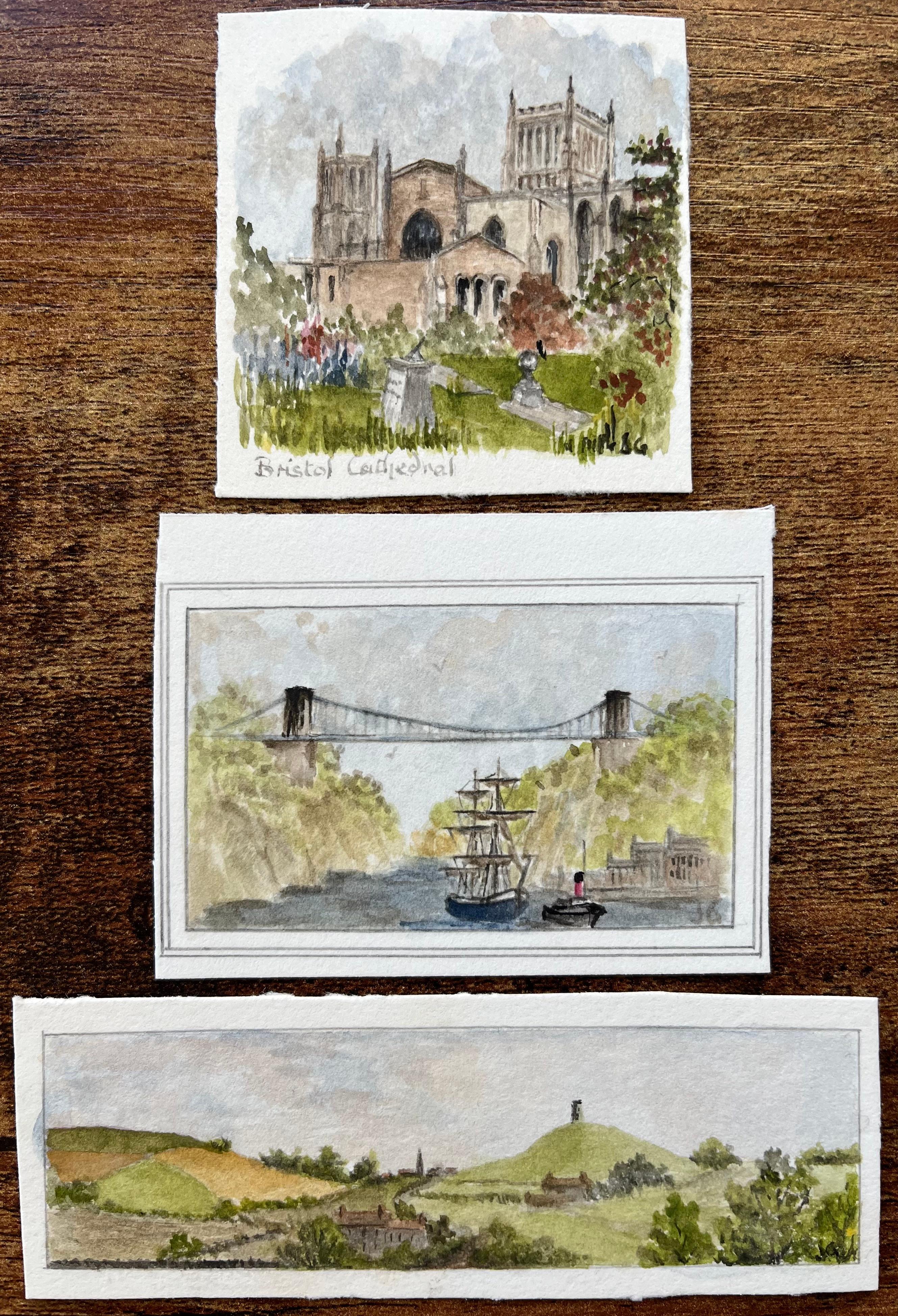 Bristol Cathedral Clifton Suspension Bridge and Glastonbury Tor Watercolors - Painting by Jack Grunwell