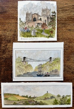 Bristol Cathedral Clifton Suspension Bridge and Glastonbury Tor Watercolors