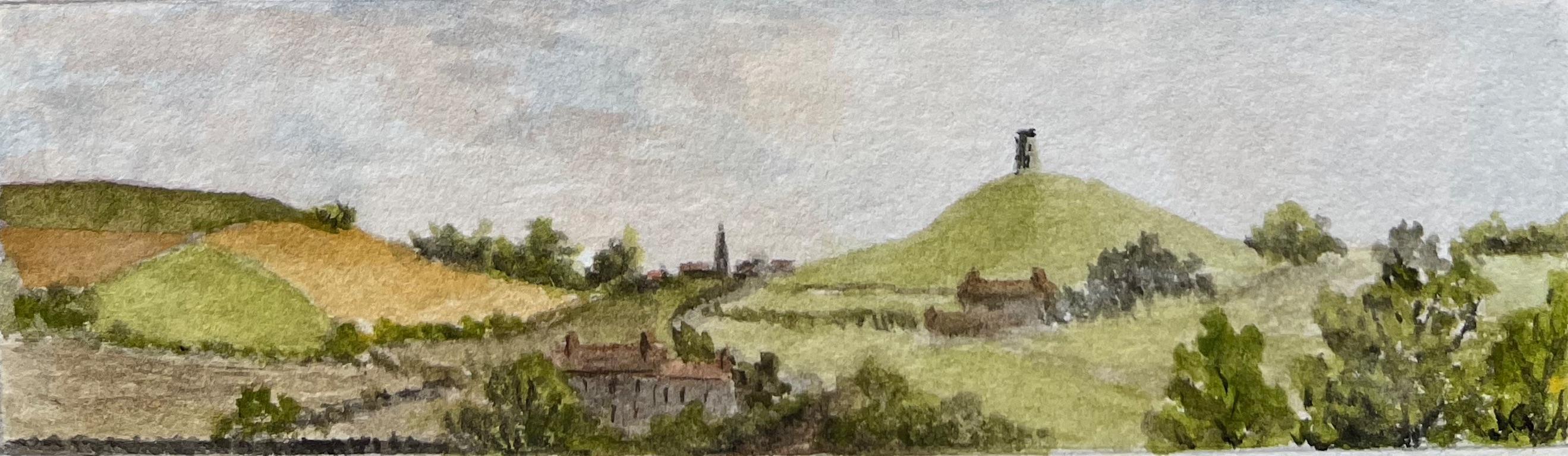 Title: Bristol Cathedral Clifton Suspension Bridge and Glastonbury Tor Watercolors
by Jack Grunwell, 20th century British artist 
Medium: Watercolor on thin card, unframed
Measurements: Top piece: 2.75 inches (height) x 2.75 inches (width)
Middle