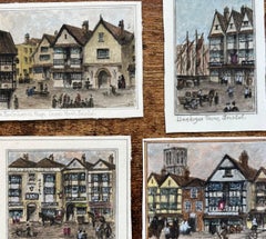 Conjunto de cuatro acuarelas históricas en miniatura de posadas y lugares emblemáticos de Bristol